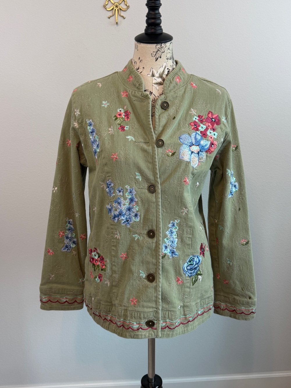 Denim&Co Olive Green Floral Embroidered Utility Jacket